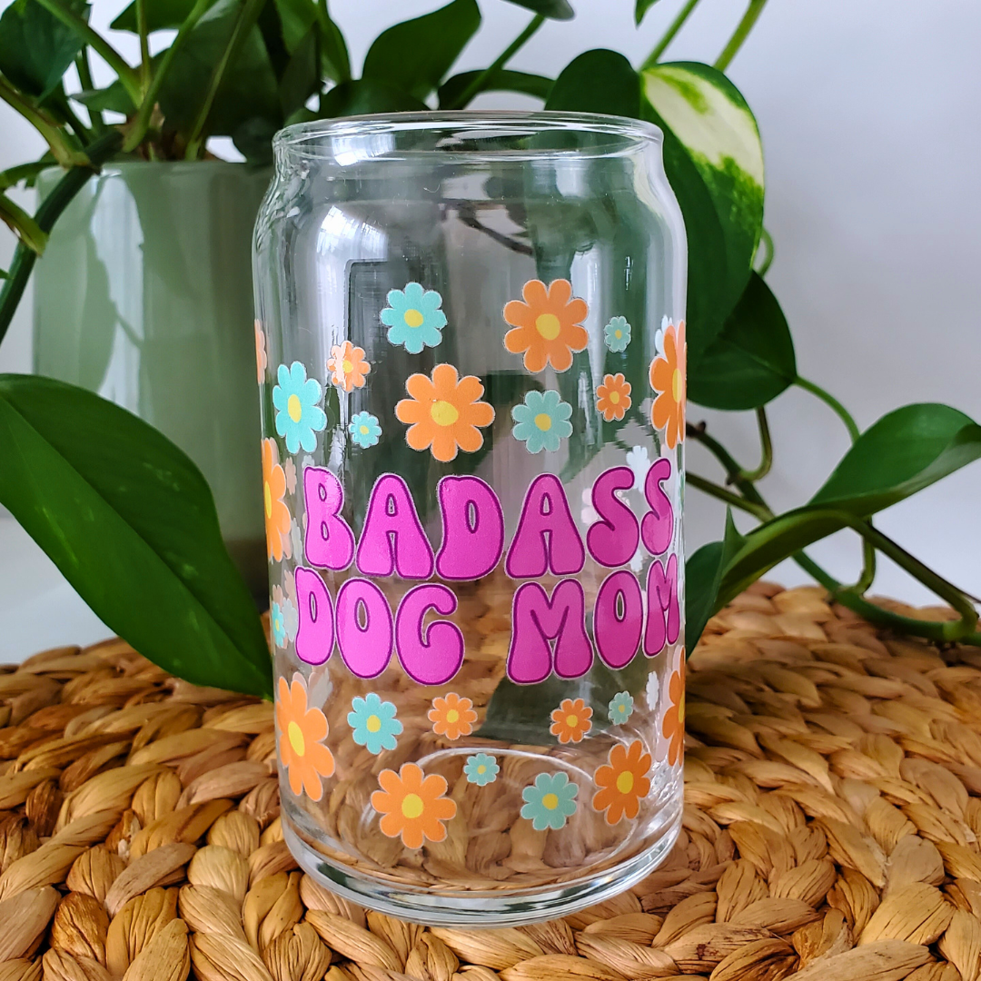 Badass Dog Mom 16 oz. Beer Can Glass